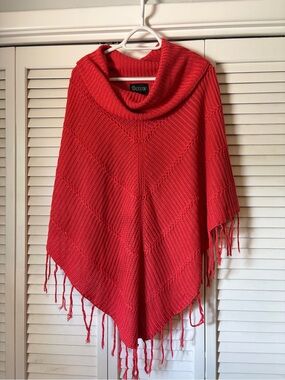 Mia Maddison Red Knit Poncho with Cowl Neck and Fringe Trim
